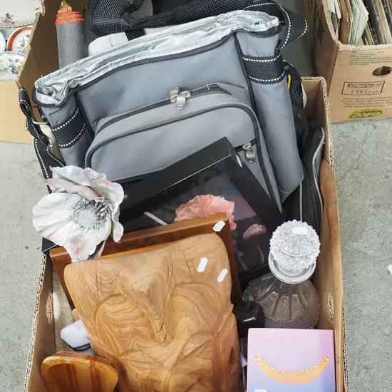 box; wooden mask, decanter, prints etc