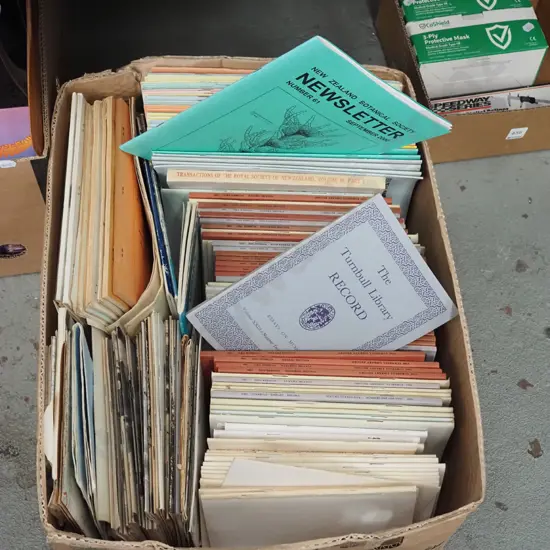 box; back issues of Turnbull Library record, NZ Botanical Society newsletters etc