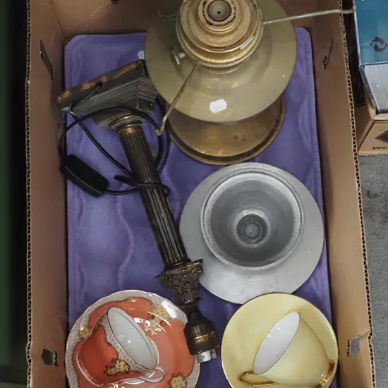 box; lamp base, cups, saucers etc