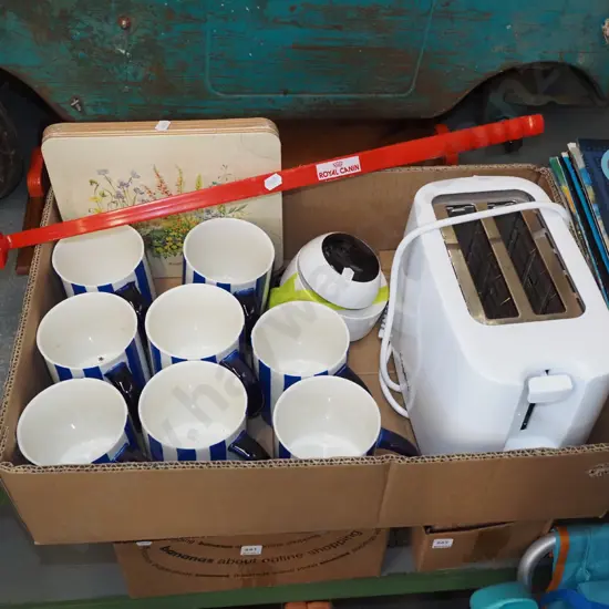 box; coffee cups, toaster, placemats etc