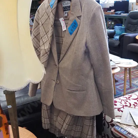 ladies checked woollen jacket, kilt and scarf
