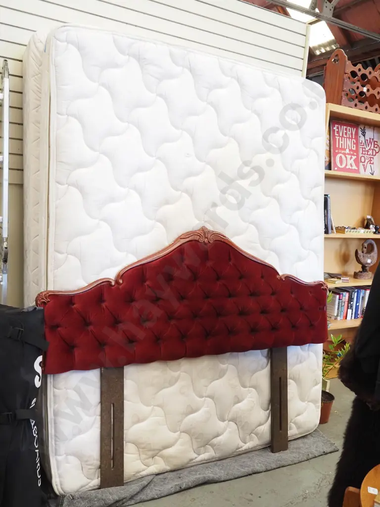 queen bed base and mattress and mahogany maroon deep buttoned head board Image 1++