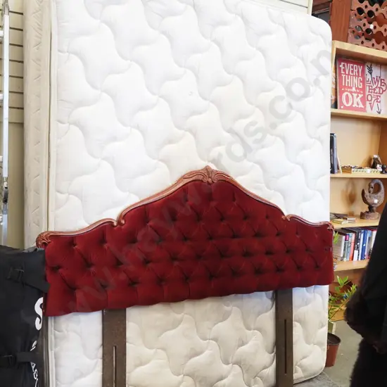 queen bed base and mattress and mahogany maroon deep buttoned head board