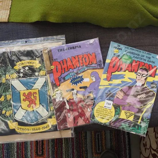 Otago Centennial print on fabric, 2x Phantom comics