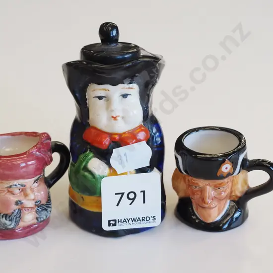 small figural lidded canister, 2x miniature toby jugs