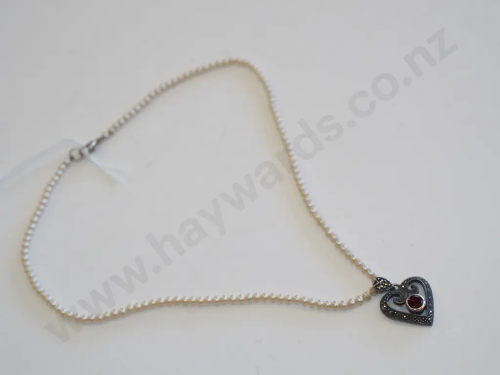sterling silver and garnet pendant with seed pearl necklace Image 1++