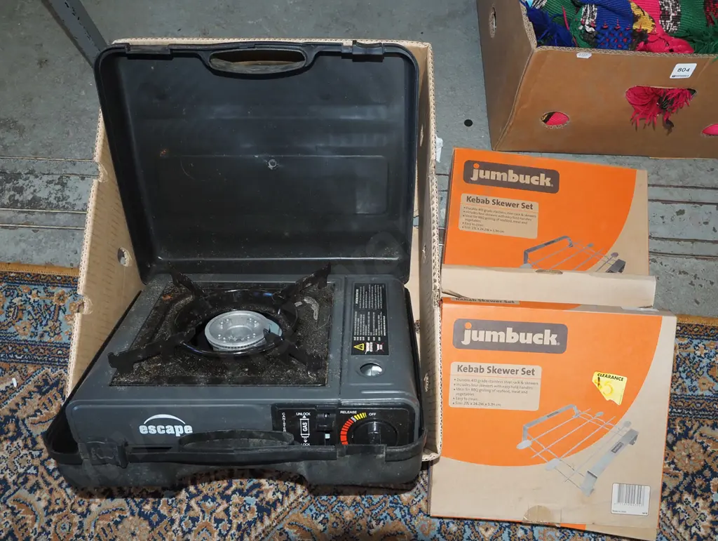 portable gas camping stove, 2x jumbuck kebab skewer sets Image 1++