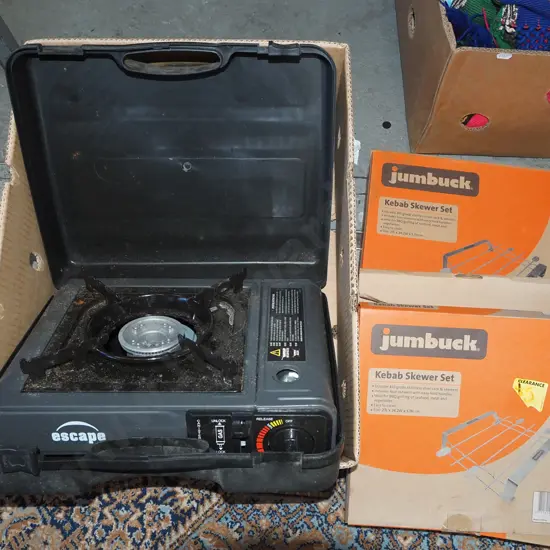 portable gas camping stove, 2x jumbuck kebab skewer sets