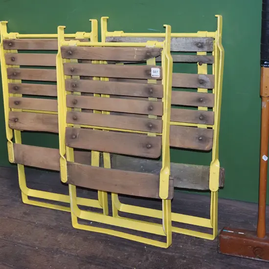 3x  vintage yellow painted metal and wood beach chairs