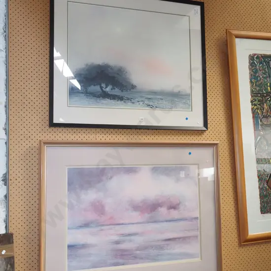 2x framed landscape prints - fading - blue dots