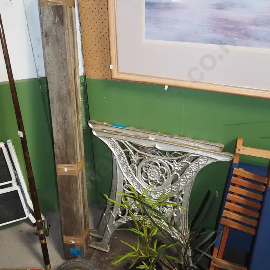 cast iron garden seat ends, 5x lengths of hardwood timber
