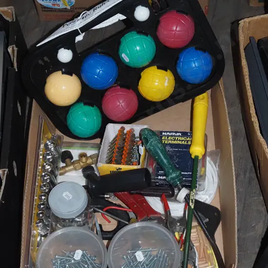 box; petanque set, nuts etc