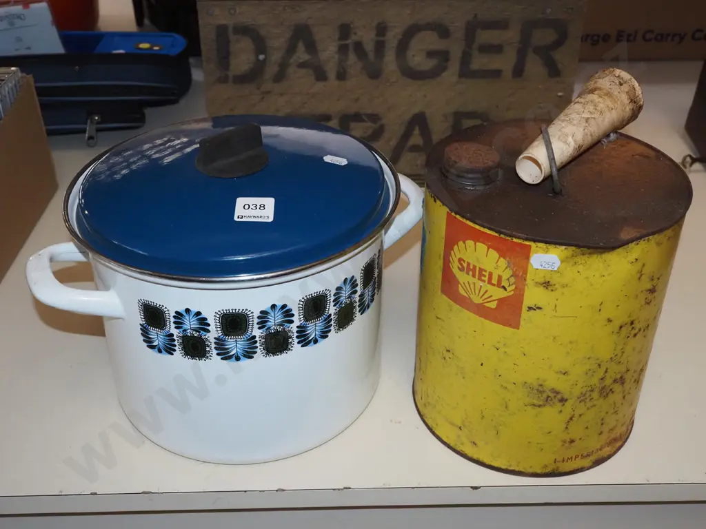 retro lidded enamel stock pot - marking inside, Shell fuel container Image 1++