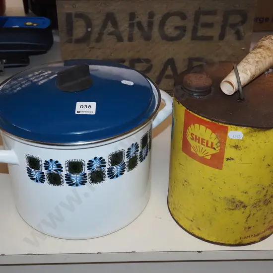 retro lidded enamel stock pot - marking inside, Shell fuel container