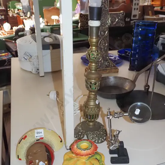 brass table lamp base, candlestick, magnifying glass on stand, retro pocket vase