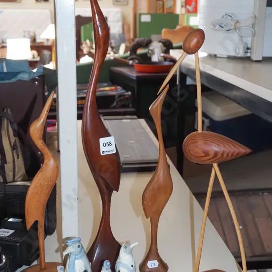 ceramic penguins, 4x wooden birds H450