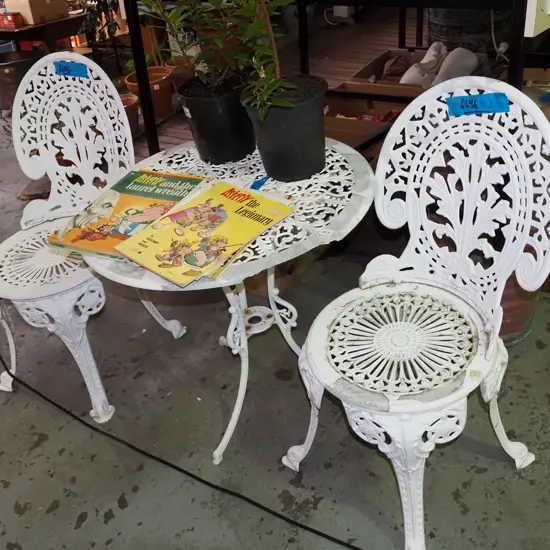 cast alloy 3 piece outdoor patio set - 2 chairs and table - damage to 1 end of table, paint needs attention