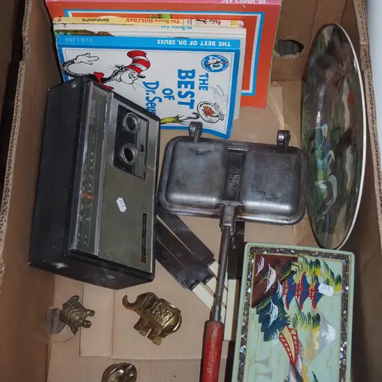 box; Dr Suess books, Royal Doulton plate, jewellery box etc