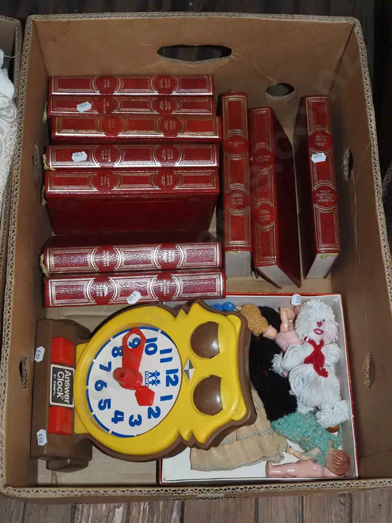 box; Neville Shute books, child's toy clock, dolls Image 1++