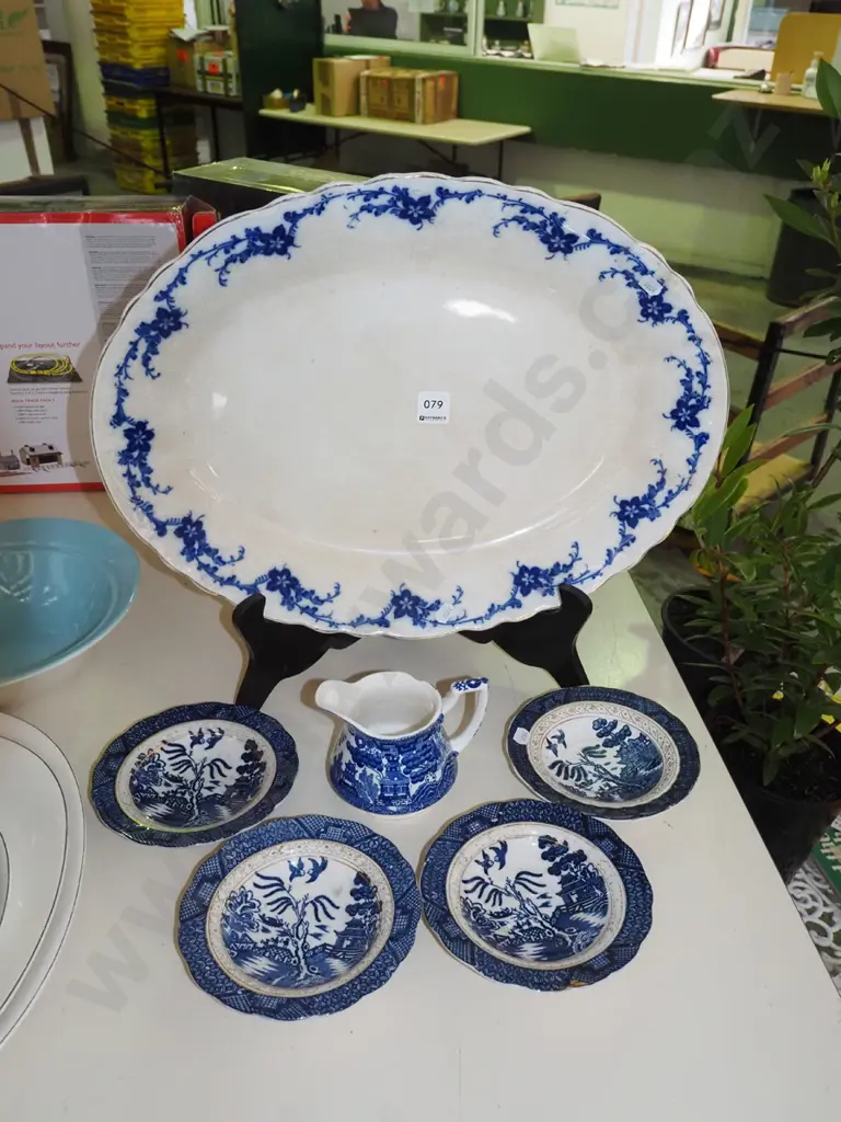 large Meakin ashet - crazing, willow pattern plates and creamer Image 1++