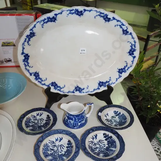 large Meakin ashet - crazing, willow pattern plates and creamer