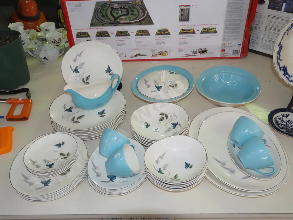 assorted Johnson Bros cream, teal and leaf retro dinner items; vegs, plates, cups etc Image 1++