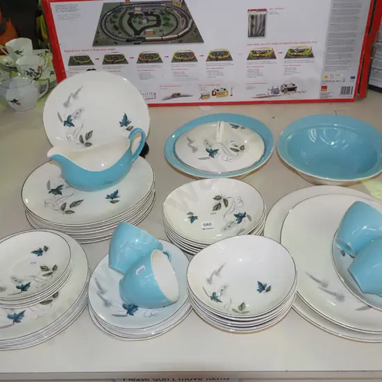 assorted Johnson Bros cream, teal and leaf retro dinner items; vegs, plates, cups etc