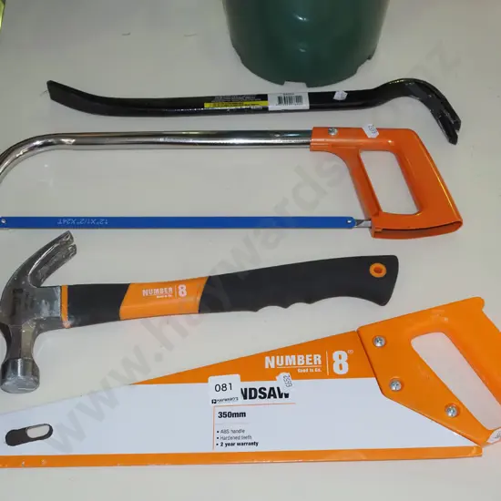 wrecking bar, hacksaw, hammer, hand saw