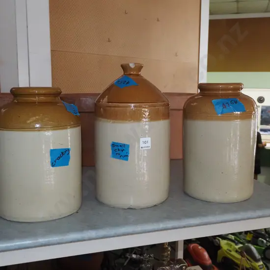 3x salt glazed crocks - all have cracks or chips H315