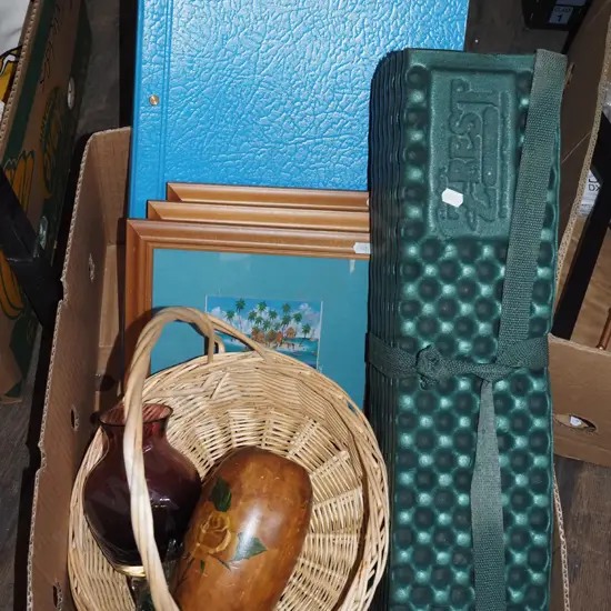 box; yoga mat, cane basket, prints etc