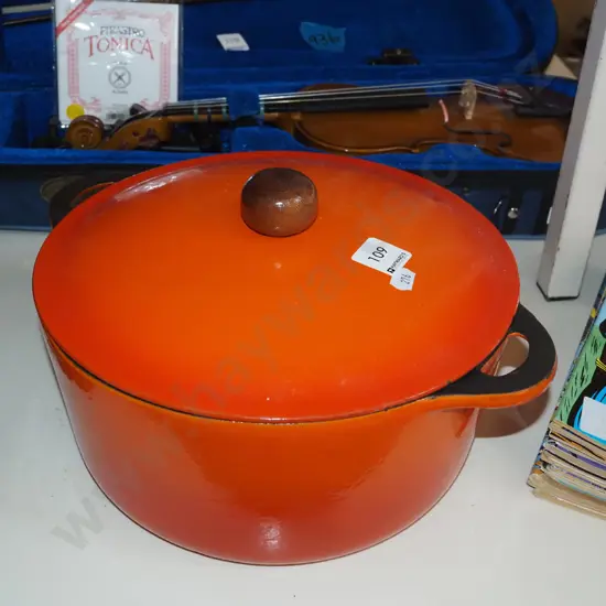 orange cast iron and enamel casserole Diam260