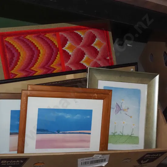 box; various prints, needleworks