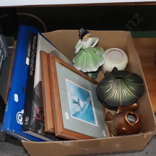 box; ceramic figurine, prints, books etc