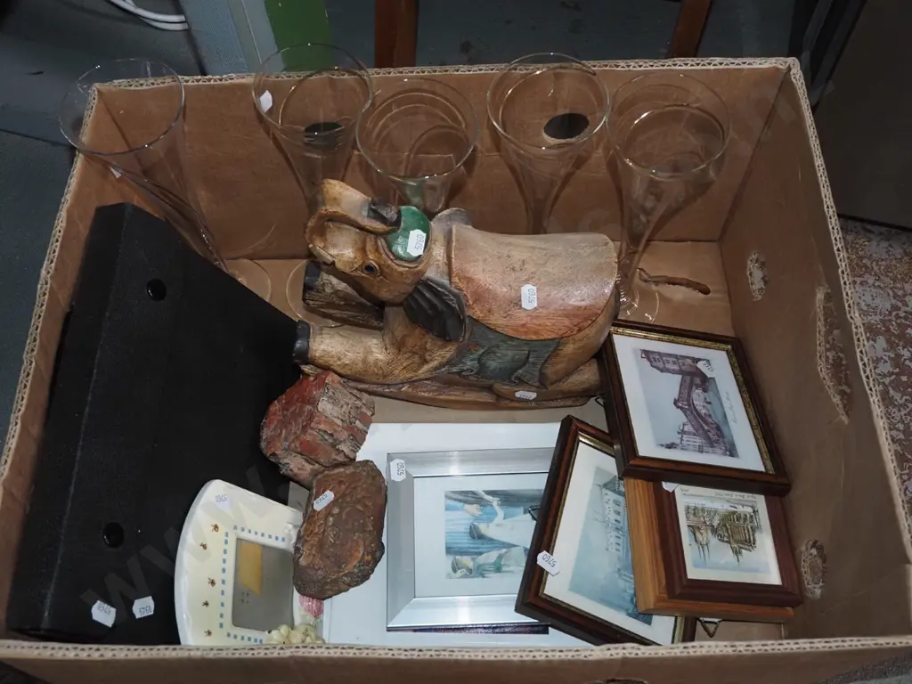 box; wine glasses, woden elephant, small prints etc Image 1++