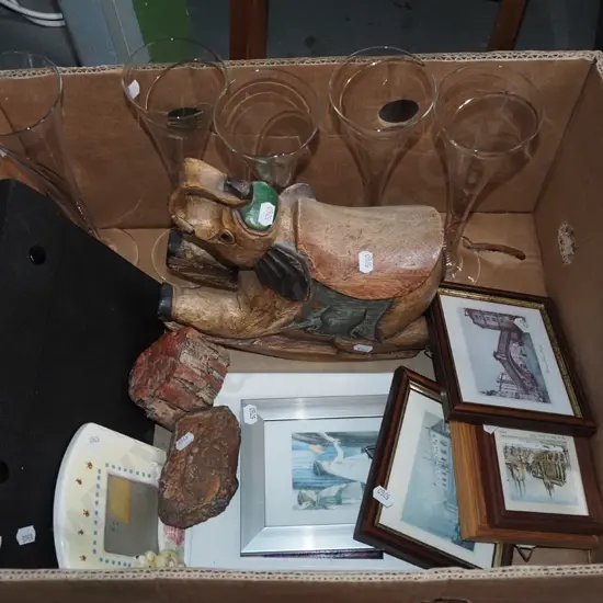 box; wine glasses, woden elephant, small prints etc