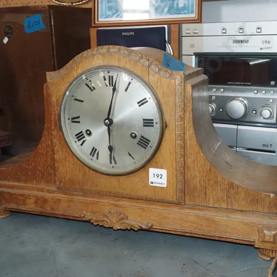 wood cased mantle clock - damage to veneer, borer As Is No Returns