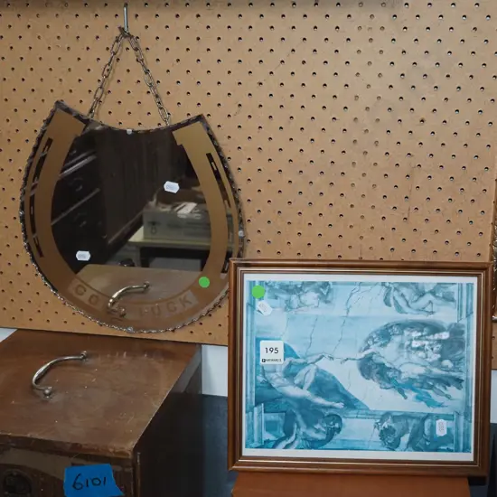 framed Michelangelo print, mirror horse shoe - green dots