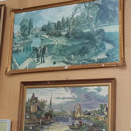 framed needlework, gilt framed Constable print - faded W1200 - orange dots