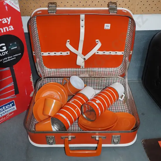 retro picnic hamper and contents; plates, cups etc