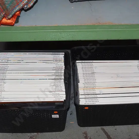 2x plastic baskets with Art NZ magazines