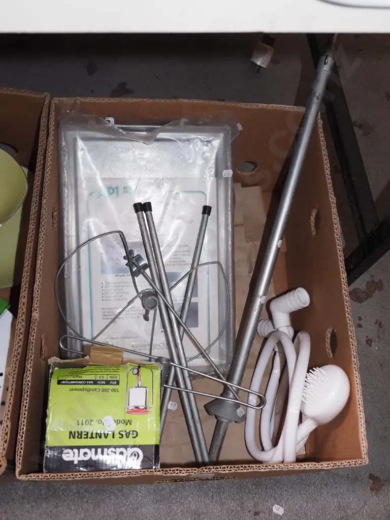 box; shower adaptor, outdoor skillet, gas lantern and stand Image 1++