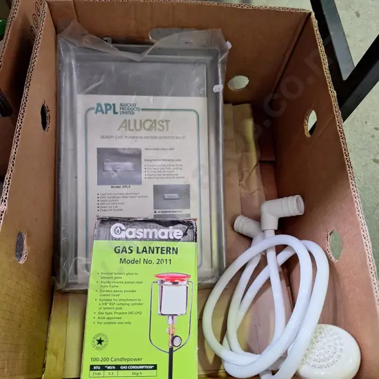 box; shower adaptor, outdoor skillet, gas lantern