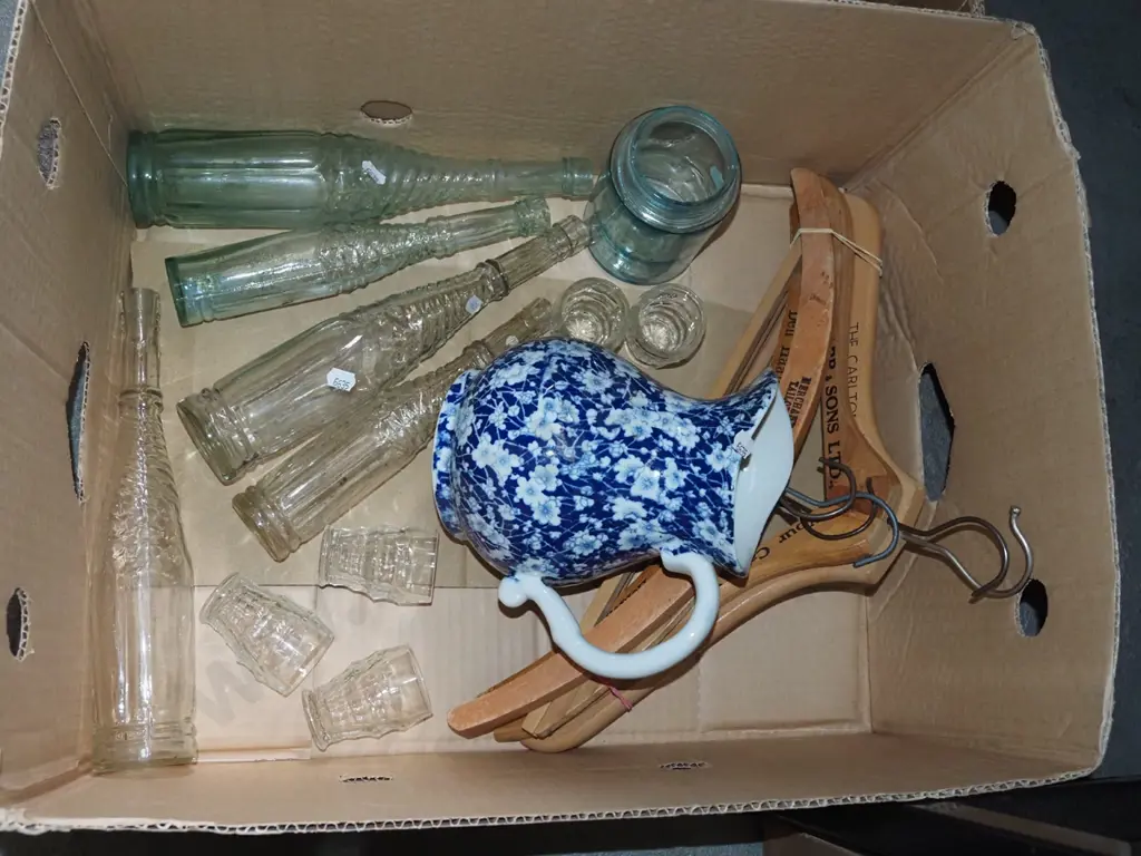 box; coat hangers, blue and white floral jug, jars etc Image 1++