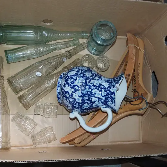 box; coat hangers, blue and white floral jug, jars etc