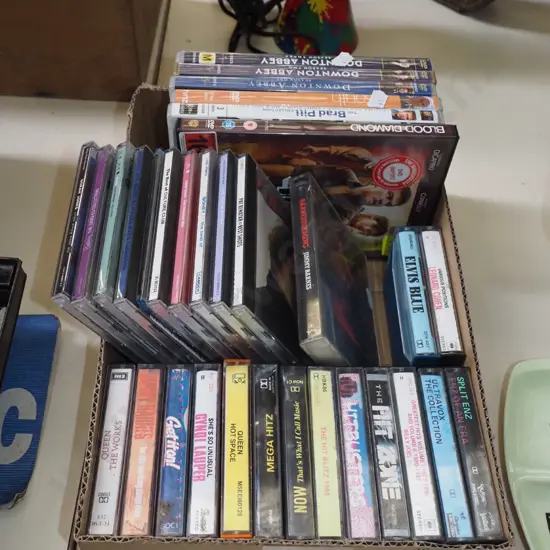 box; tape cassettes, CDs, DVDs