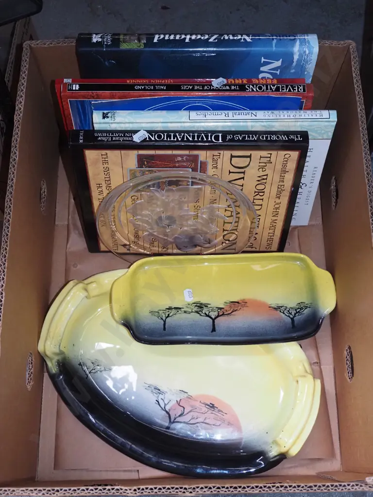 box; spiritual books, pottery tray, crystal floral bowl Image 1++