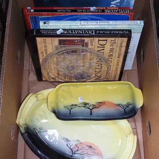 box; spiritual books, pottery tray, crystal floral bowl