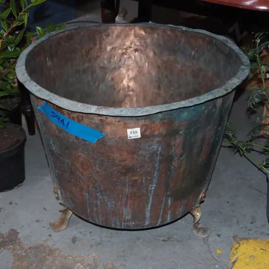 copper wood bin on wrought metal feet H460