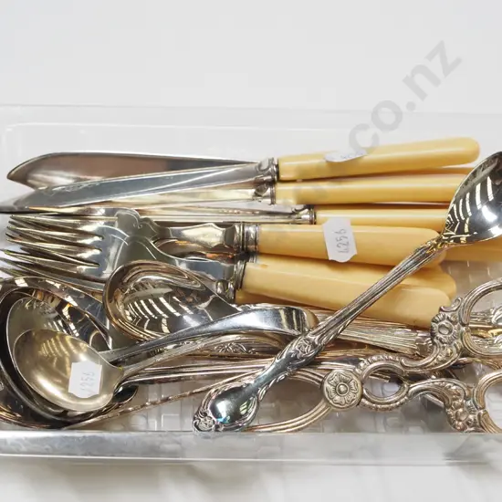 tray of bone handled fish knives and forks etc