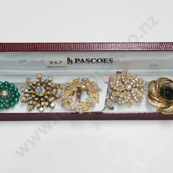 box; 6x costume jewellery brooches
